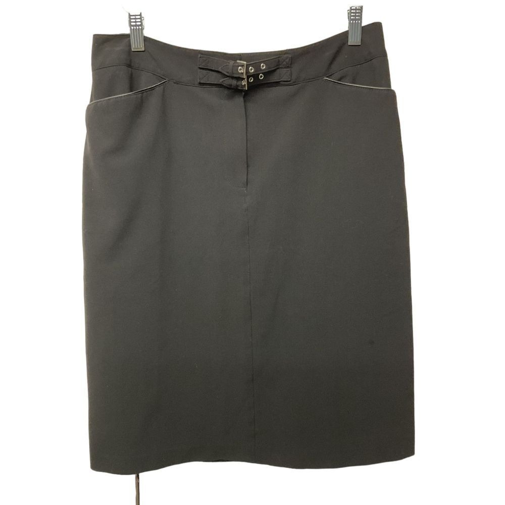Larry Levine‎ Stretch Pencil Skirt Black Buckle Size 12 Classic Work Minimalist - Picture 3 of 16